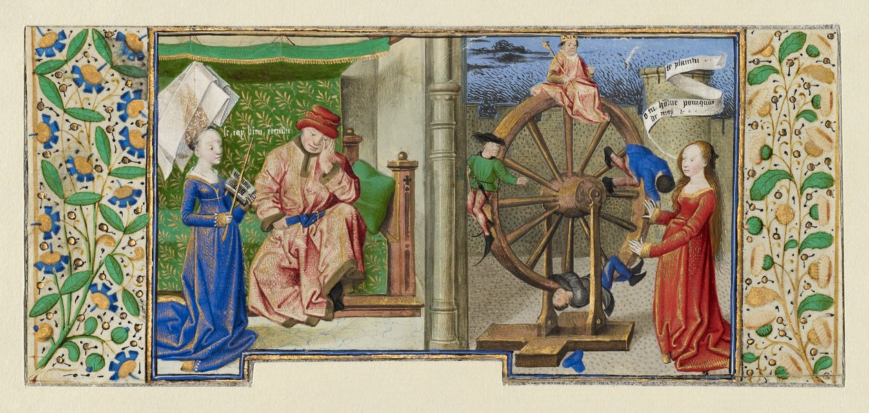 Miniatűr Boethiustól, Consolation de philosophie, 1460-70 körül (tempera, aranylevél és tinta pergamenen) alkotó: French School