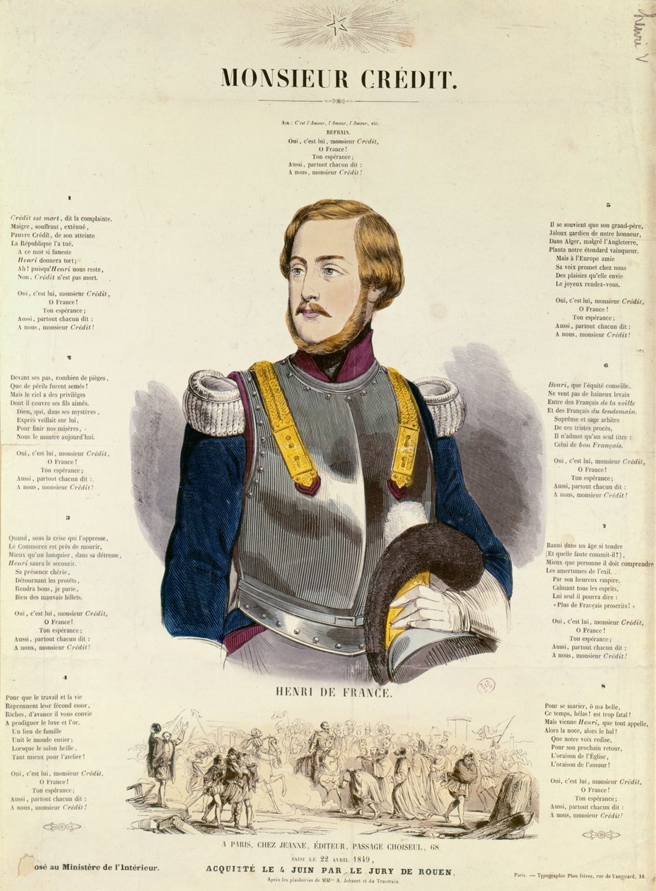 Monsieur Credit, a francia királypárti propaganda dicséri Henri Charles Ferdinand Marie Dieudonne francia bordeaux-i herceget, Chambord grófot alkotó: French School