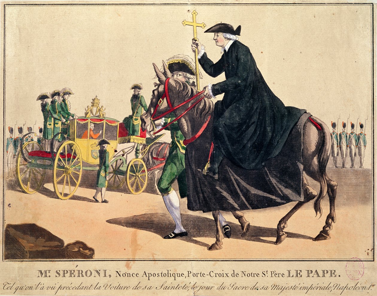 A pápai keresztet hordozó Monsignor Speroni megelőzi VII. Piusz pápát útban a párizsi Notre-Dame-székesegyház felé Napóleon császár és Josephine császárnő 1804. november 3-i koronázására (szín alkotó: French School