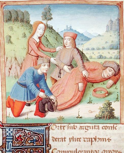 Ms 493 f.12v Az alvó Silenust a pásztorok és Aegle kötözik meg, Vergilius Az eclogues című művéből Servius kommentárjával, 1469 alkotó: French School