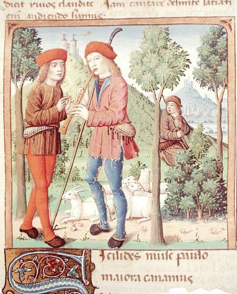 Ms 493 fol.8r Pásztorok találkozója, Vergilius Les Bucoliques-ból Servius kommentárjával, 1469 alkotó: French School