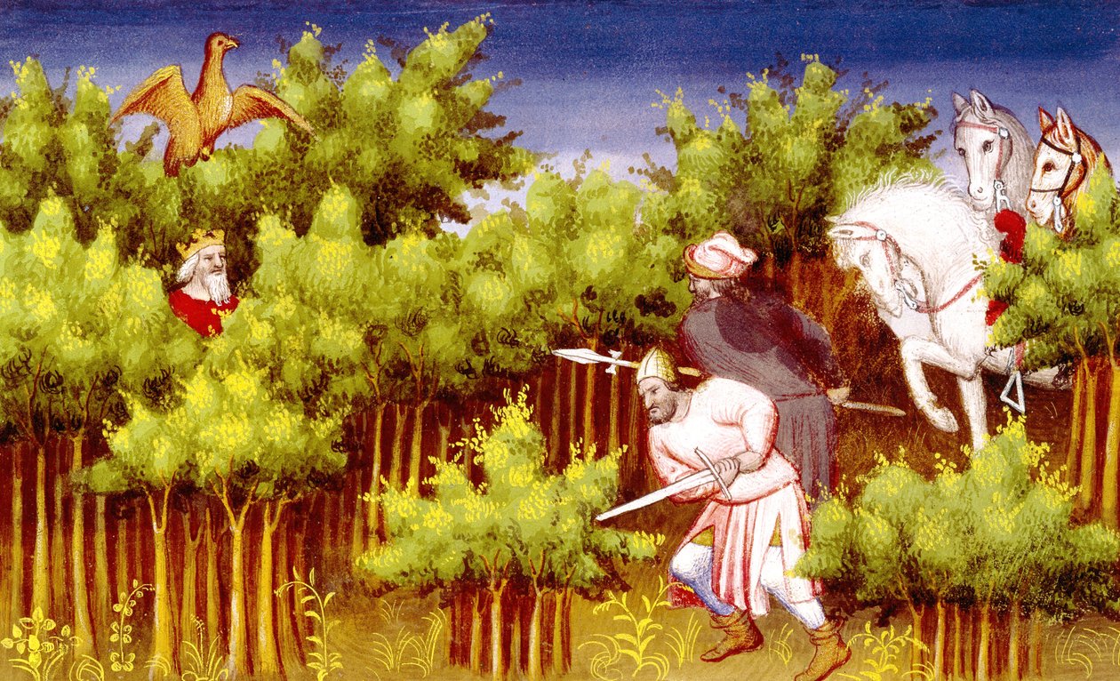 Ms Fr 2810 f.200v, Dzsingisz kán a bokrok közé bújva menekül ellenségei elől, a Livre des Merveilles du Monde című könyvből, 1410-12 körül (tempera, pergamen). alkotó: French School