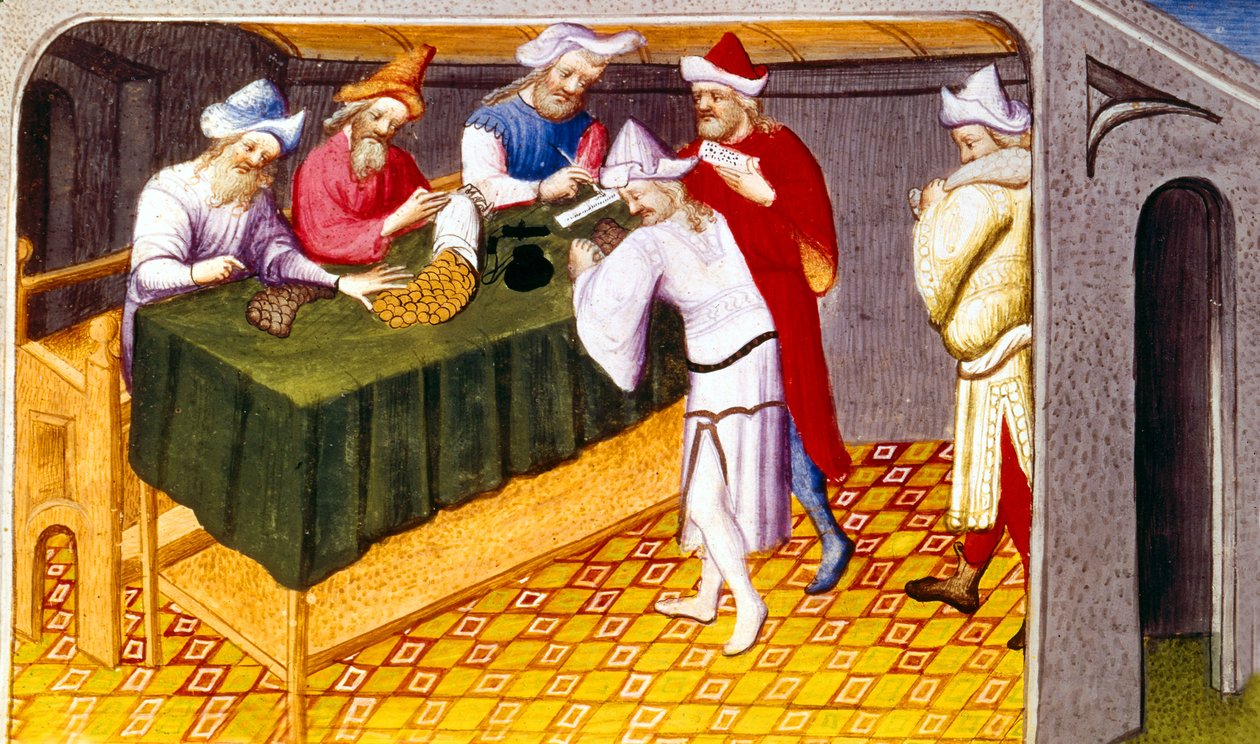 Ms Fr 2810 f.69, Dzsingisz kán által a sóra, a cukorra és a fűszerekre kivetett adó Quinsay városában, Livre des Merveilles du Monde-ból, 1410–1212 körül (tempera pergamen) alkotó: French School