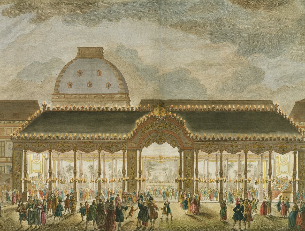 A Monseigneur Le Dauphin (174858-as részlet) házassága alkalmából épített körhintaszoba perspektivikus képe, Oubrier metszet (színes metszet) alkotó: French School
