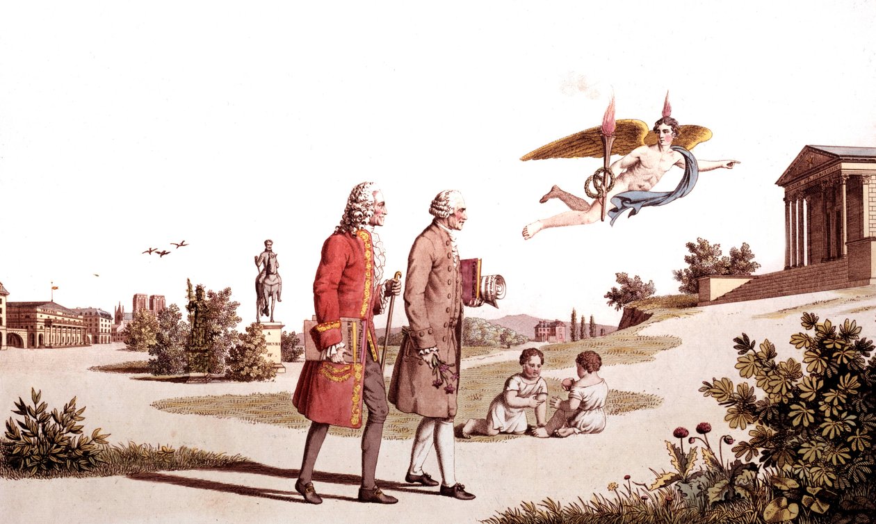 Voltaire szelleme és Jean Jacques Rousseau elvezeti őket a Halhatatlanság Templomához, illusztrációja A francia filozófusok műveinek allegóriájából alkotó: French School