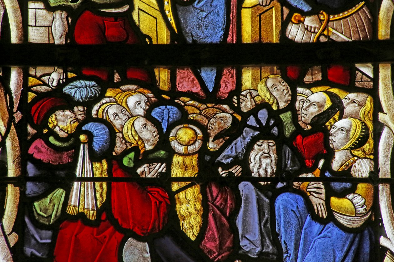 Tömeget ábrázoló ablak Saint Cler letartóztatásánál alkotó: French School