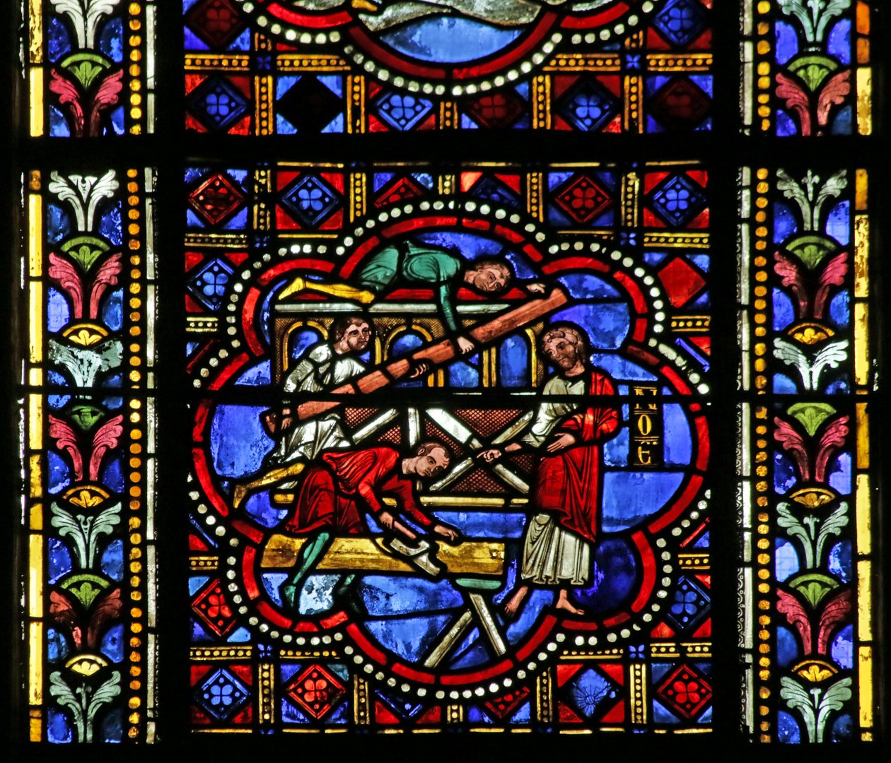 Ablak, amely Noét ábrázolja, amint a bárkát építi alkotó: French School