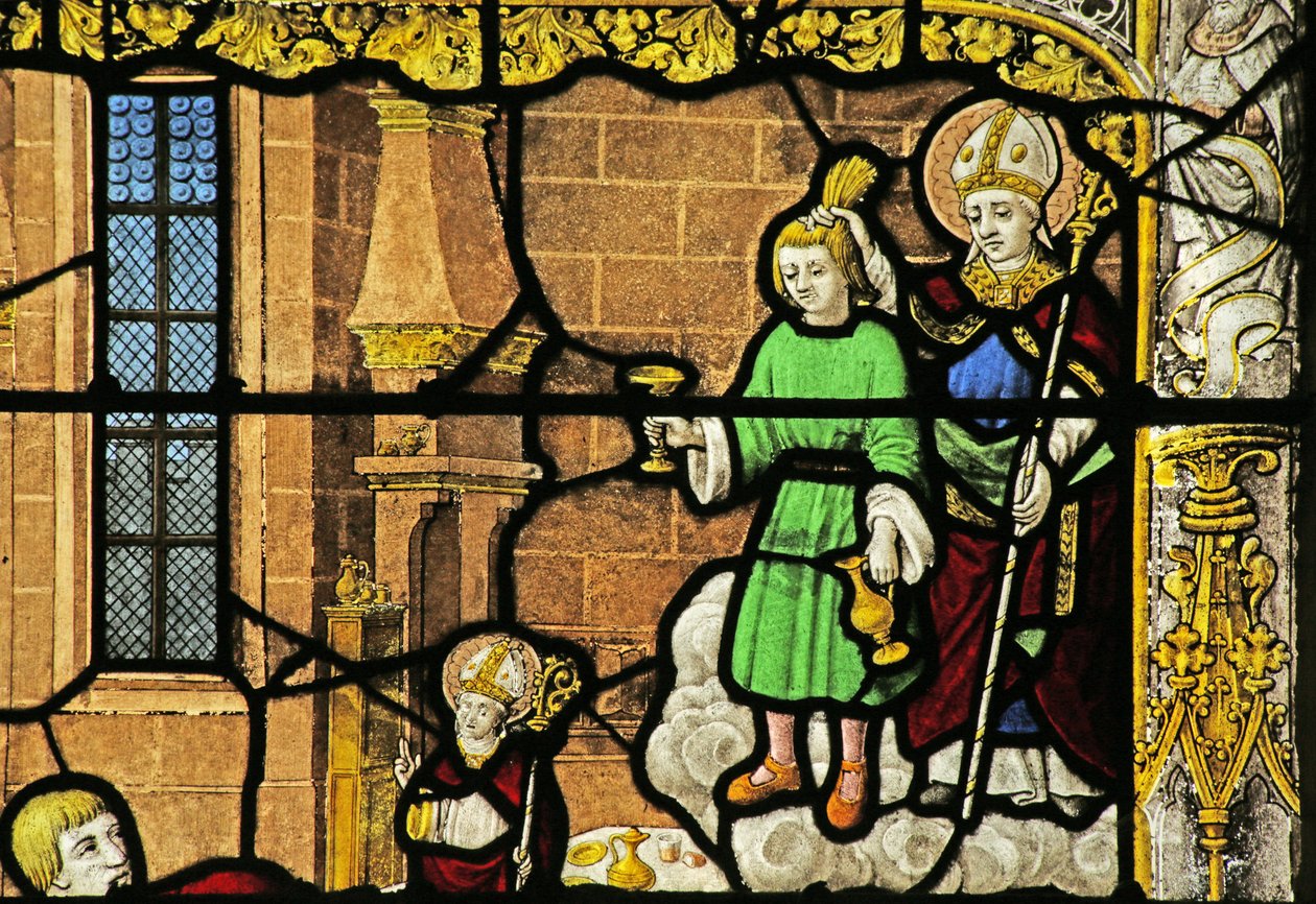 Szent Miklóst ábrázoló ablak: az Arany Kupa csodája alkotó: French School
