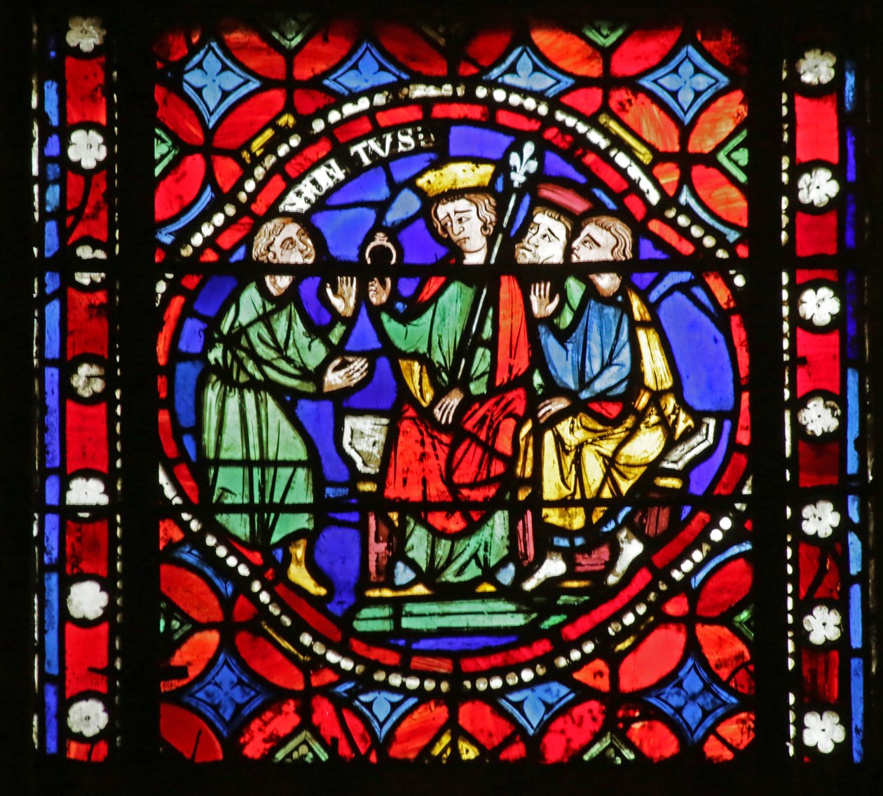 Ablak jelenetet ábrázol Saint Bonnet életéből: Saint Bonnet magánküldetéssel bízta meg Sigebert alkotó: French School