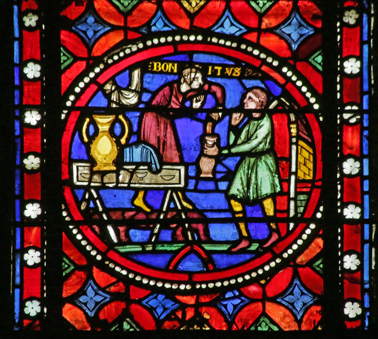 Ablak ábrázoló Jelenet Saint Bonnet életéből: Saint Bonnet bort ontva alkotó: French School