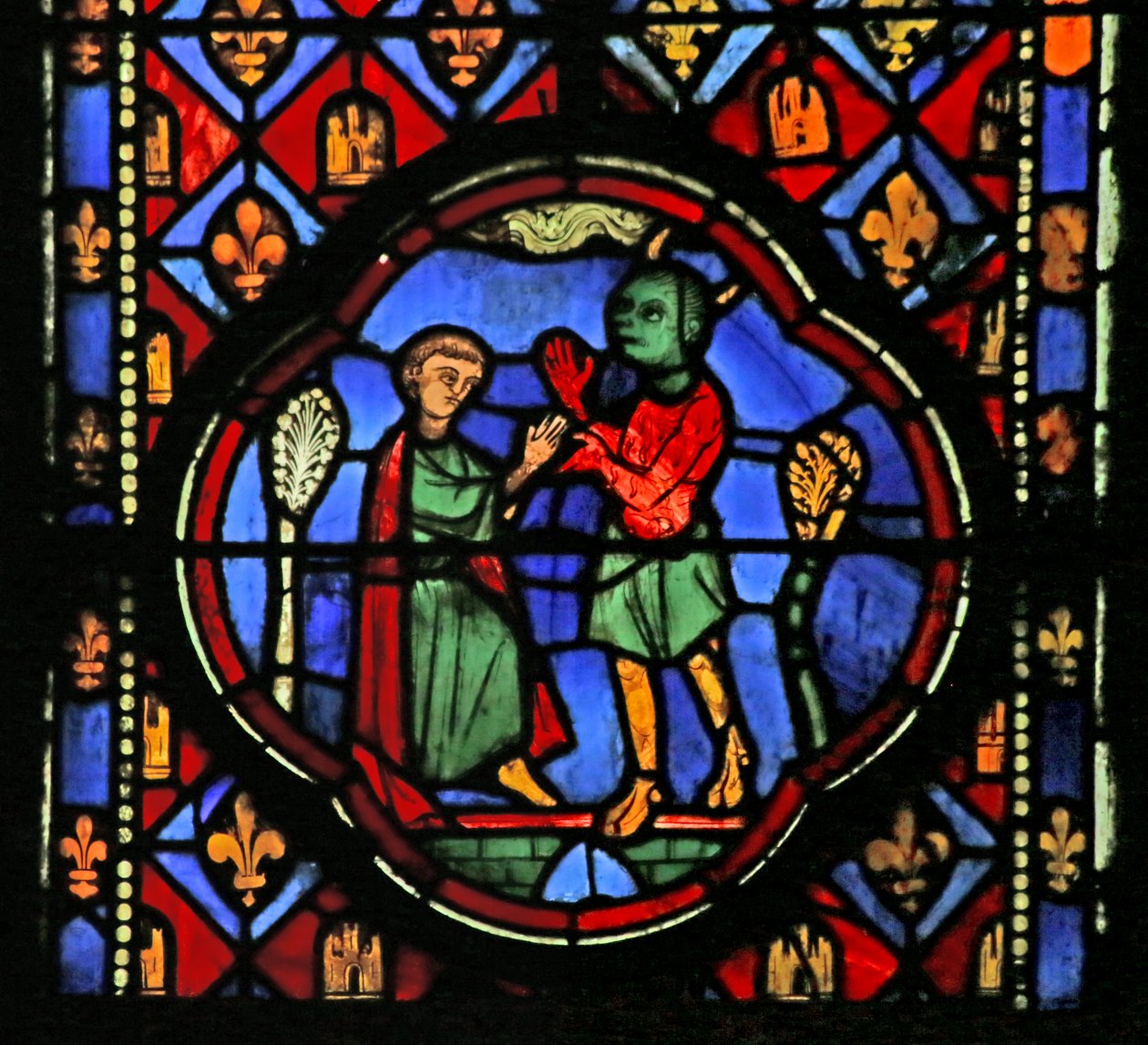 Theorphilust ábrázoló ablak, amint egy démonnal tárgyal alkotó: French School