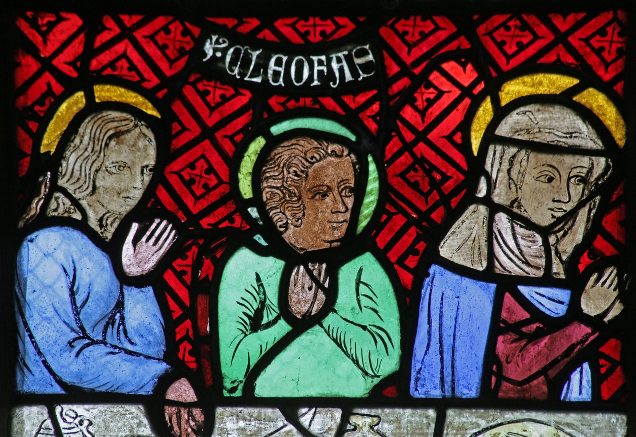Három figurát ábrázoló ablak a kánai házasságból alkotó: French School