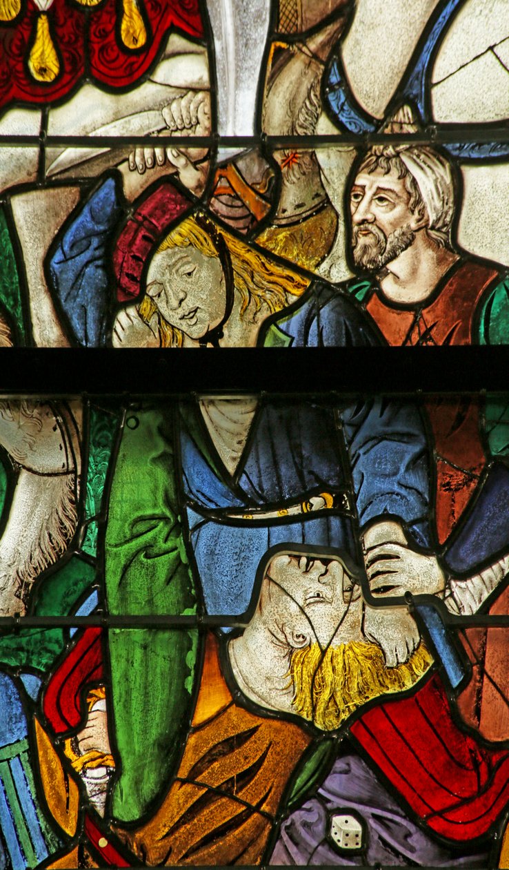 Ablak, amely Krisztus ruháinak sorsvetését ábrázolja a keresztre feszítéskor, részlet a 2921604, 1500-10 alkotó: French School