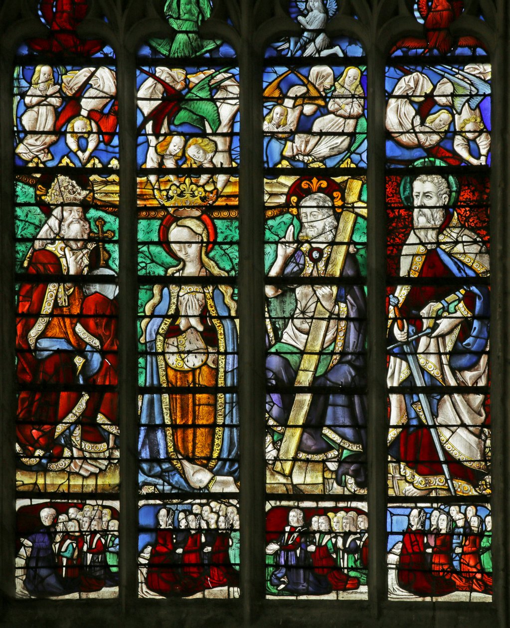 Szűzanya koronázását Szent Pállal és az adományozók családjával ábrázoló ablak, 1460-70 alkotó: French School
