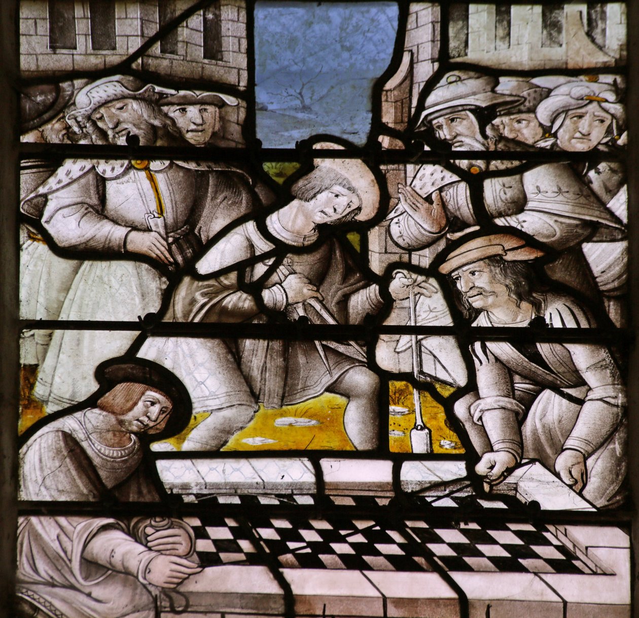 A Notre Dame de Lorette legendáját ábrázoló ablak: A Szűzek Háza hitelességének mérése alkotó: French School