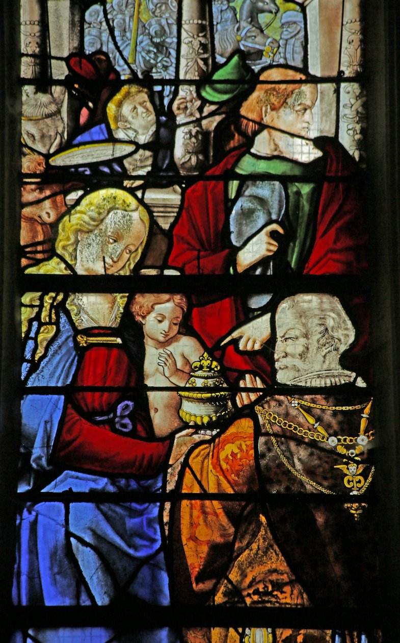 A mágusok Szent Józseffel imádatát ábrázoló ablak, 1530 alkotó: French School