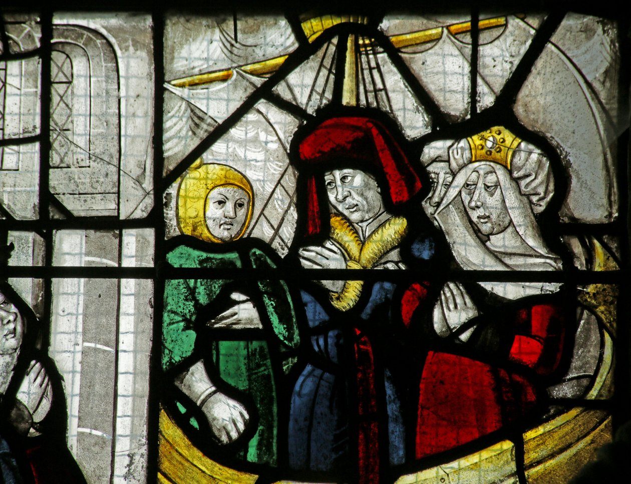 Utazókat ábrázoló ablak egy hajón, Szent Miklós csodájából, 1460-1470 alkotó: French School