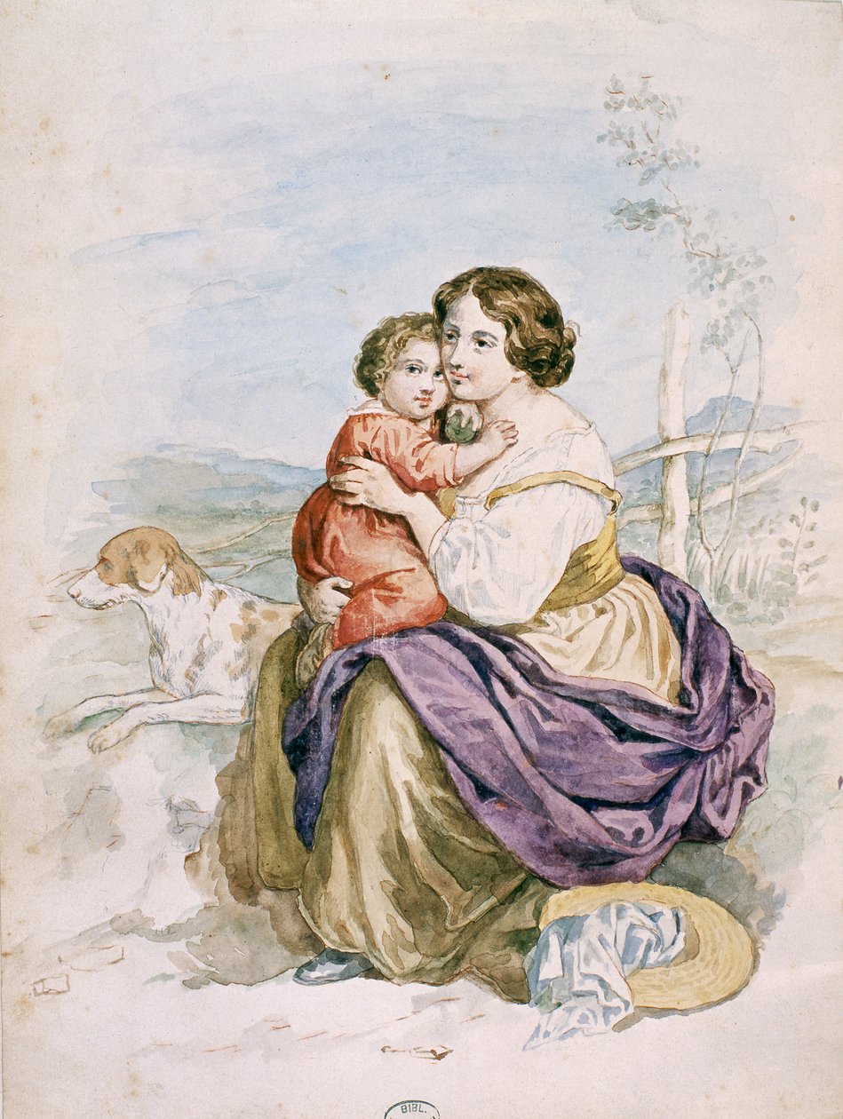Nő és gyermek (wc papíron) alkotó: French School