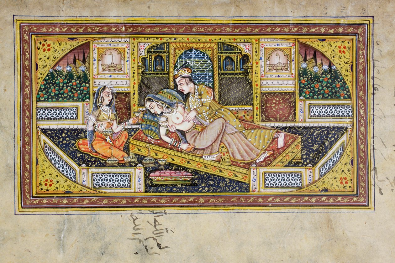Egy férfi udvarol egy nőnek egy budoár jelenetben, radzsasztáni miniatűr festmény (wc papíron) alkotó: Indian School