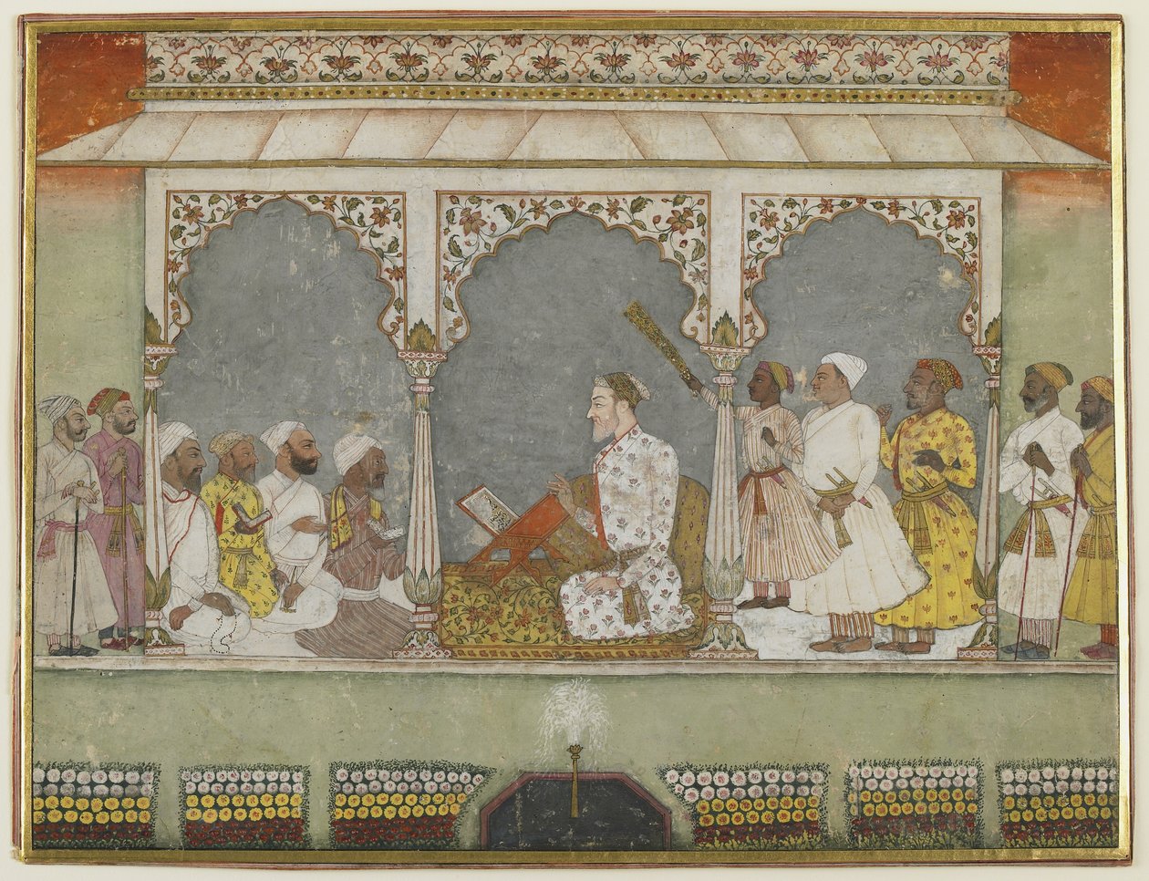 Koránolvasás az udvarban, Albumfólió festménnyel, 18. század közepe (átlátszatlan akvarell papíron) alkotó: Indian School