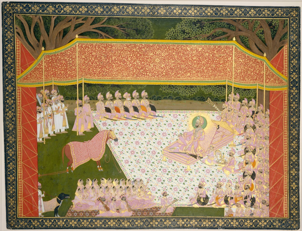 Maharana Sarup Singh egy díjnyertes csődört ellenőriz, 1845-46 (wc, tinta és arany, papír) alkotó: Indian School
