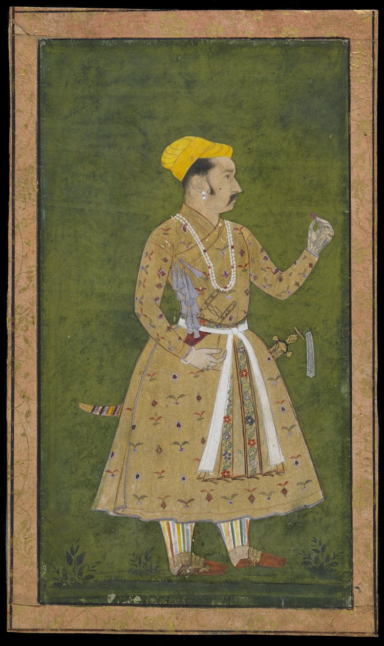 Herceg kezében virág, leválasztott albumfólió festménnyel, 1740 körül (átlátszatlan akvarell és arany papíron) alkotó: Indian School