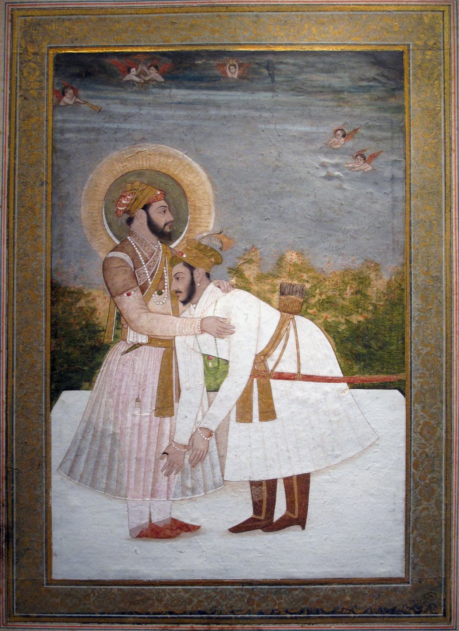 Shah Jahan átöleli fiát, Aurangzebet, 1750 körül (gouache és arany) alkotó: Indian School