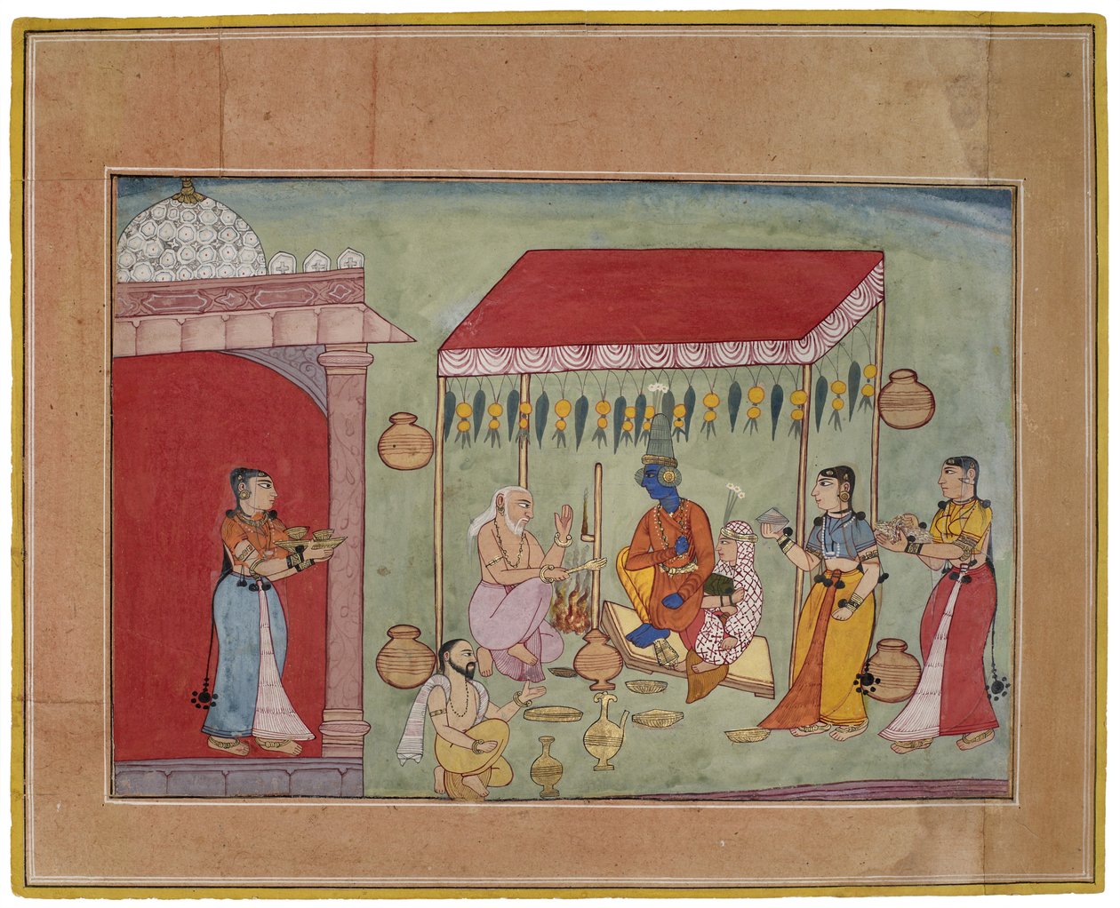 Krisna és Rukmini házassága, 1590-1600 (guache, arannyal a papíron) alkotó: Indian School