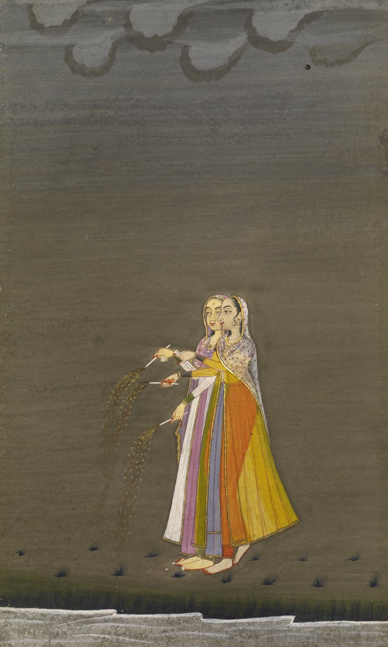 Két Nautch Girls with Sparklers a patak mellett a Diwali Fesztivál éjszakáján, Bikaner stílusban, 1790-1800 (albumlevél; gouache ezüsttel és arannyal a papíron) alkotó: Indian School
