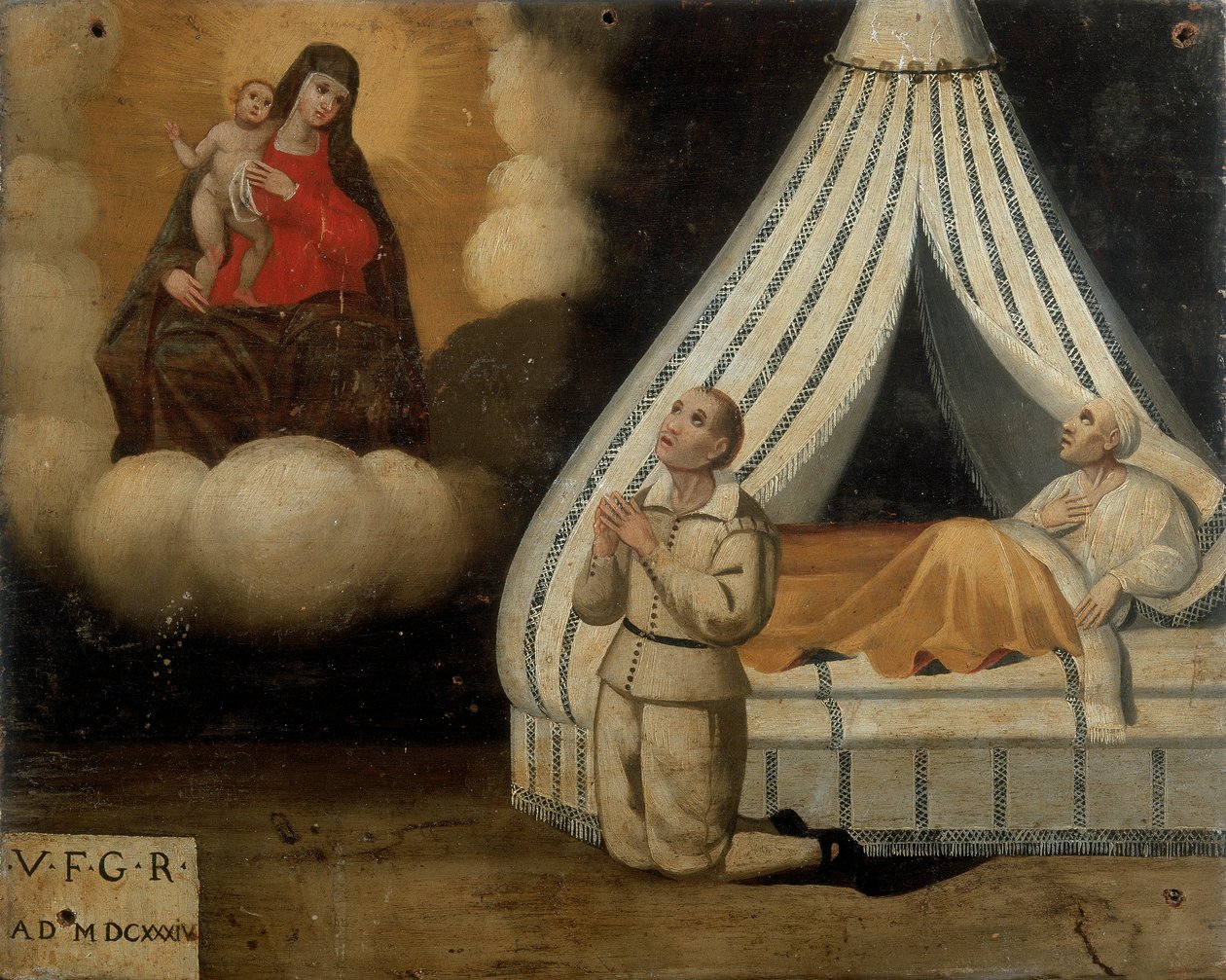 Egy férfi az ágyban egy betegség alatt; a bal oldalon ugyanaz a férfi imádkozik a boltív Madonnájához a kapott kegyelemért, Ex-voto, 1603 alkotó: Italian School