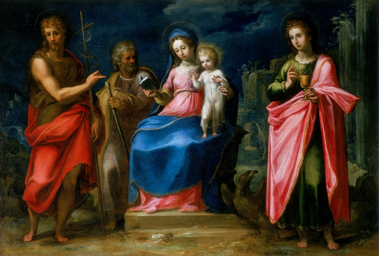 Madonna és gyermeke Szent Józseffel, Keresztelő Szent Jánossal és Szent János evangélistával alkotó: Italian School