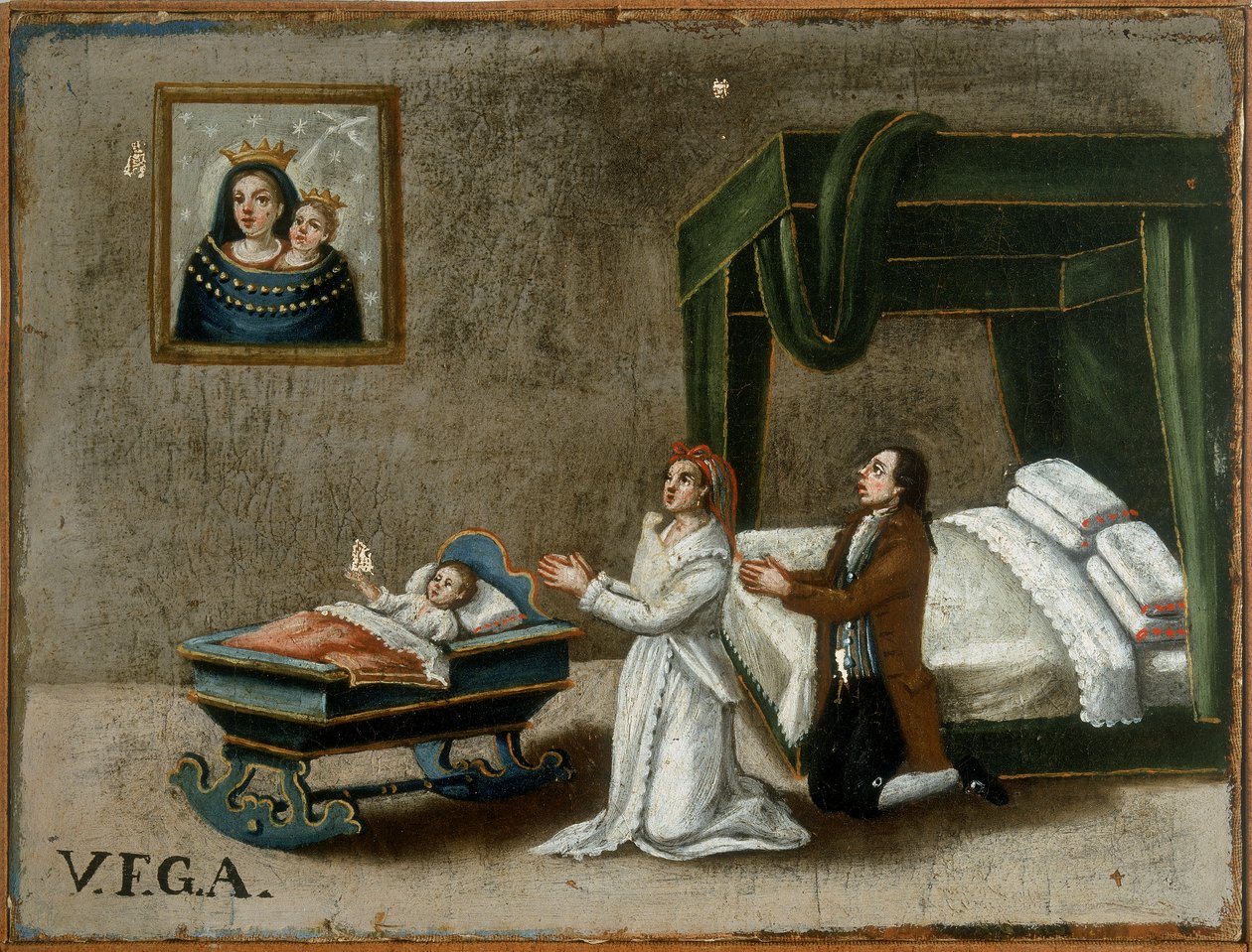 Szülők kegyelemért imádkoznak lányuknak a kiságyban, ex-voto alkotó: Italian School