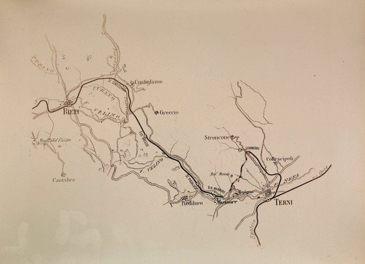 Societa Italiana a déli vasúti vágányokhoz: a Terni-Rieti vasútvonal térképe, 1883 alkotó: Italian School
