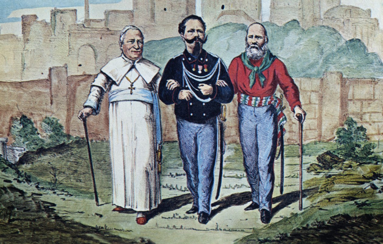 A tökéletes Szentháromság: IX. Pius pápa, II. Viktor Emmánuel és Garibaldi, 1870 (akvarell nyomat) alkotó: Italian School