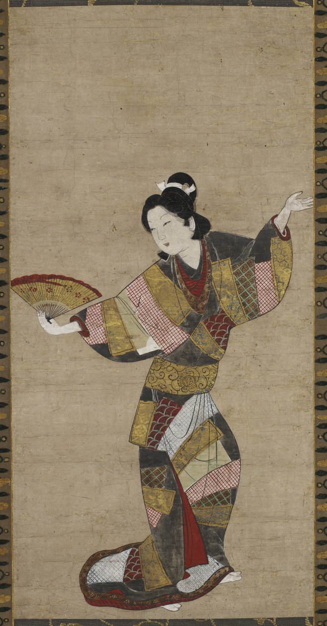 Táncos legyezővel, c. 1640-1650 (tinta, színes, arany és kagylófehér papíron) alkotó: Japanese School