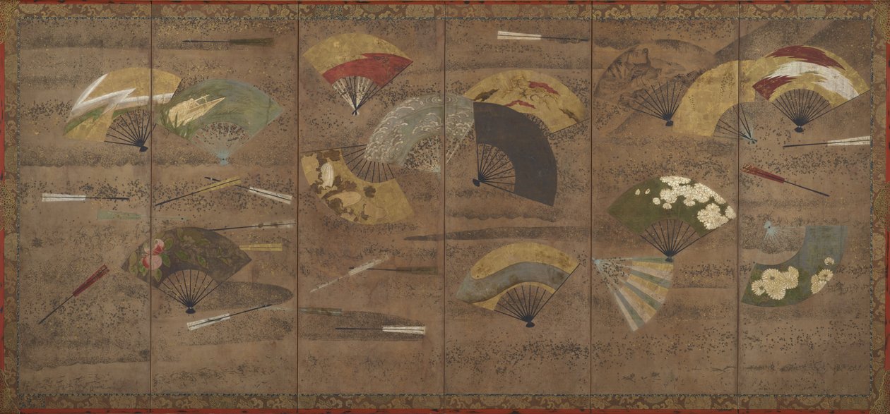 Díszített legyezők, képernyők (hatpaneles), 17. század eleji (színes, tinta és arany papíron) alkotó: Japanese School