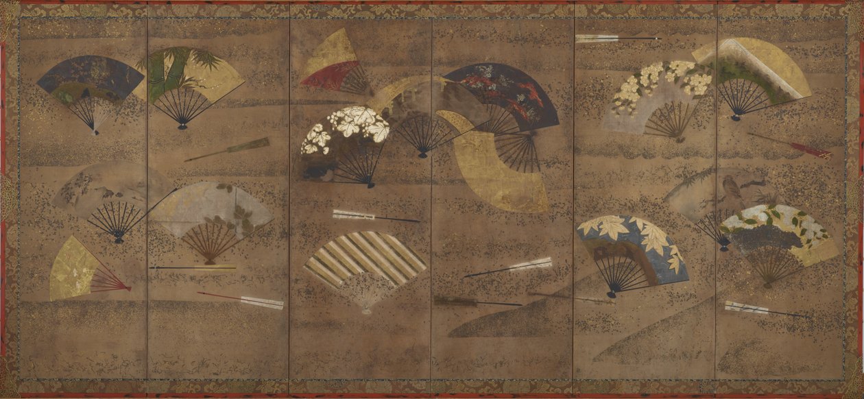 Díszített legyezők, képernyők (hatpaneles), 17. század eleji (színes, tinta és arany papíron) alkotó: Japanese School