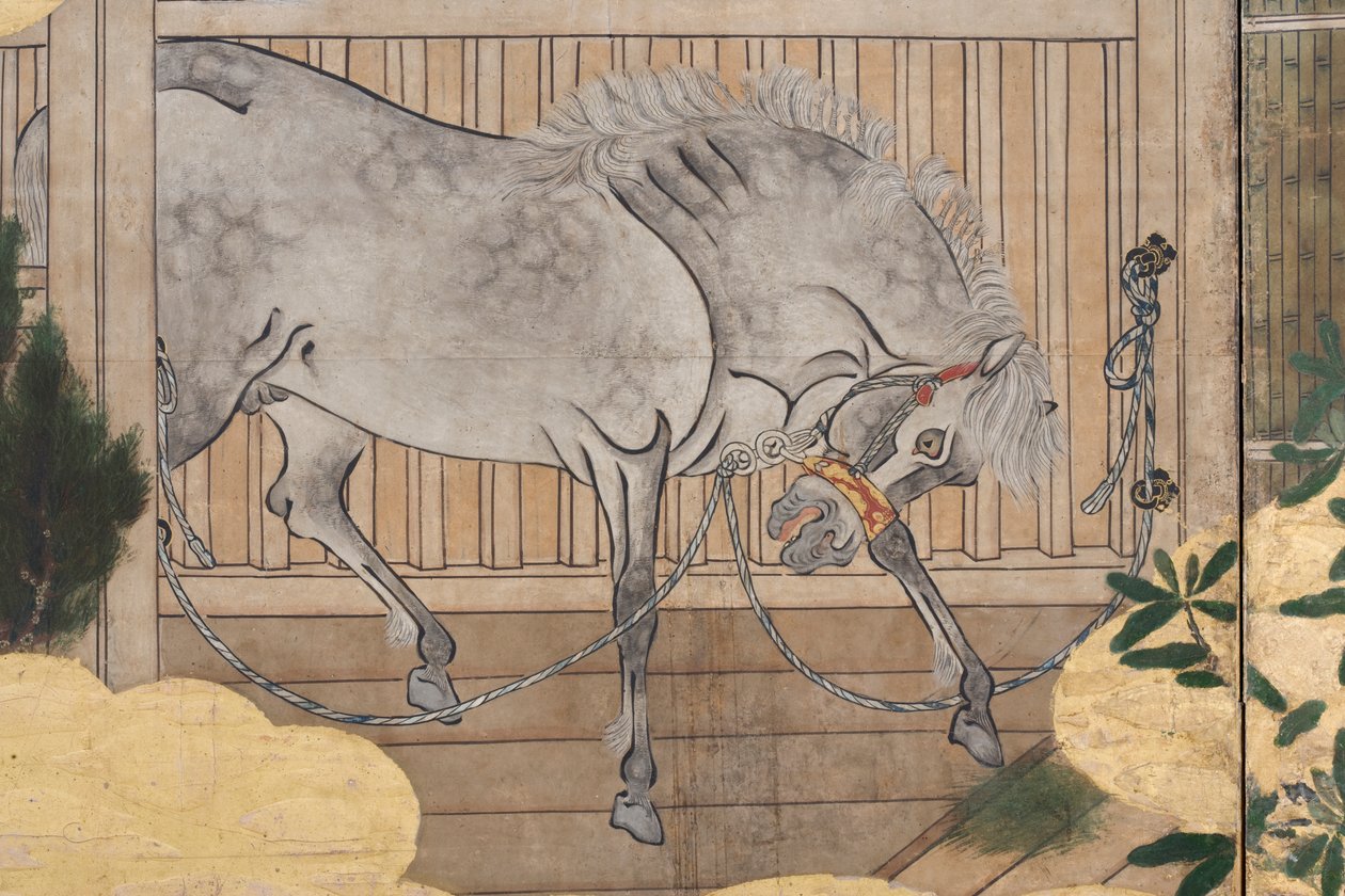 Részlet a Tavasz a palotában, hatszoros képernyő a Genji meséjéből, 1650 körül (tinta, színek és arany papíron) alkotó: Japanese School
