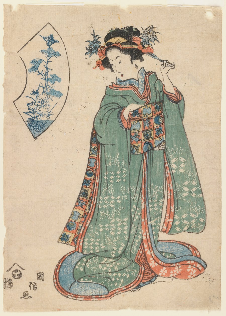 Kuninobu, A nő, aki rögzíti a haját, 1815-1820 körül (fanyomat) alkotó: Japanese School