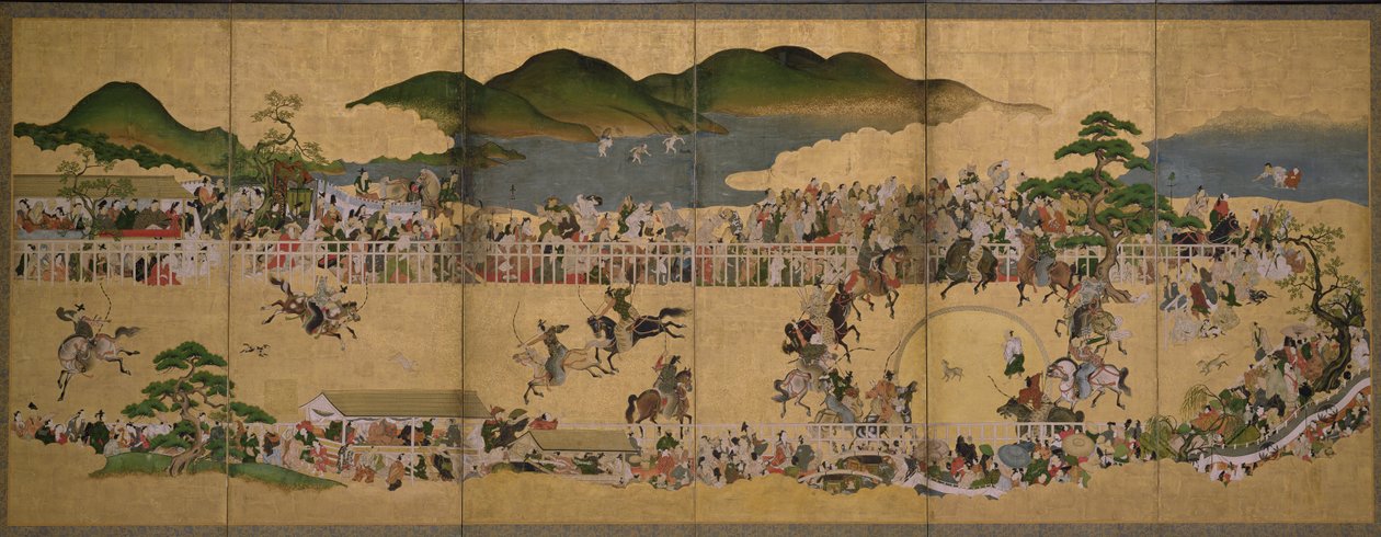 Kutyaüldözési versenyt ábrázoló hatszoros képernyő, japán, 1624-43 (tinta, festék és arany papíron) alkotó: Japanese School