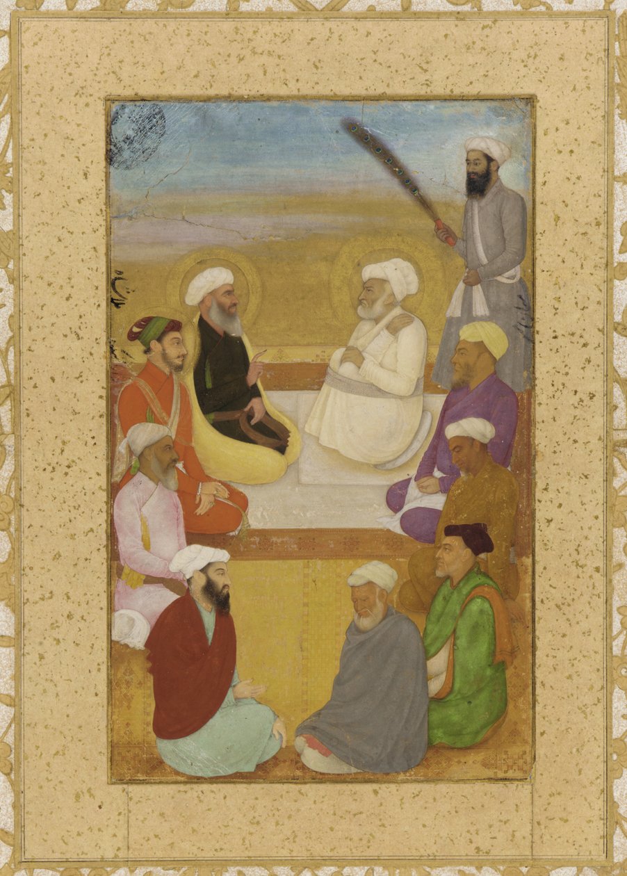 Dara Shikoh Mian Mirrel és Mulla Shah-val, leválasztott albumfólió festménnyel, 1640 körül (átlátszatlan akvarell, tinta és arany, kartonra szerelt papíron) alkotó: Mughal School