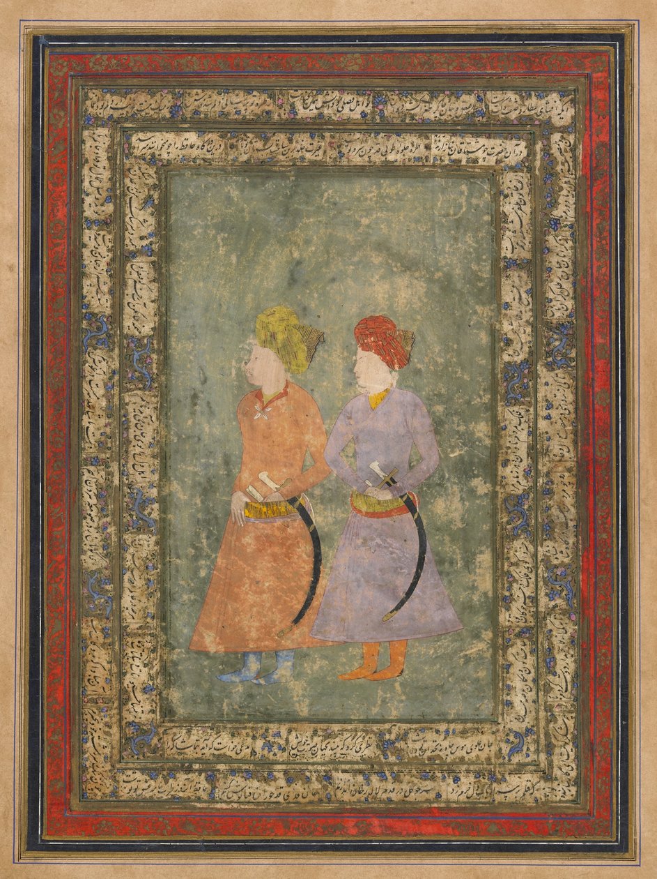 Két perzsa nemes, különálló albumfólió festménnyel, 17. század közepe (átlátszatlan akvarell, tus, arany papíron) alkotó: Mughal School