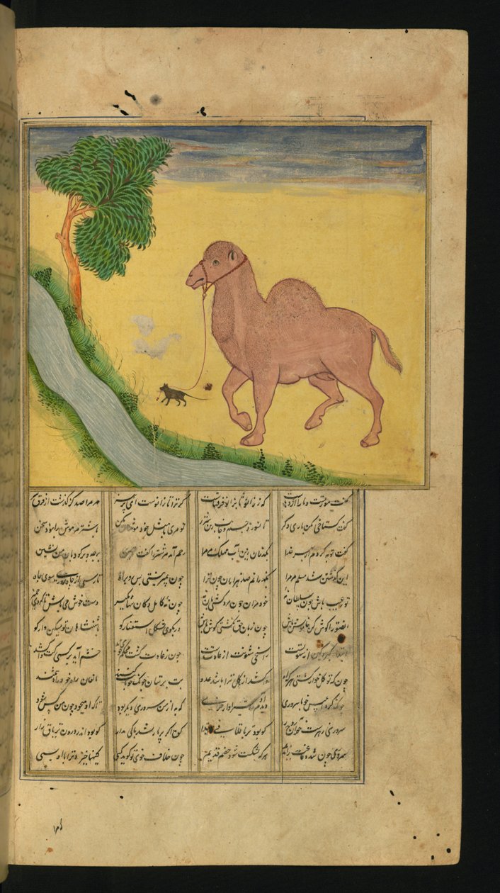 Egy egér, egy teve kantárját szorongatva, egy vízfolyásnál, illusztráció Dzsalál al-Din Rúmi versgyűjteményéből, 1663 (tinta és pigmentek, papír) alkotó: Persian School