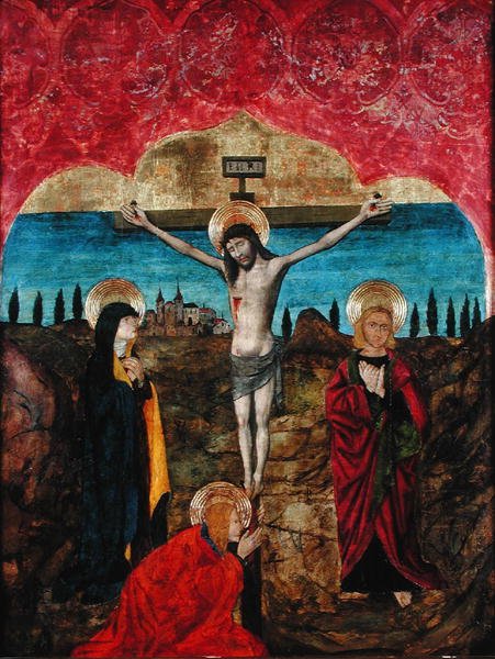 Krisztus a kereszten a Szűzanya, Szent János és Mária Magdolna között (tempera a panelen) alkotó: Spanish School