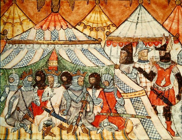 Fol.115r Calchas, aki ráveszi a görögöket, hogy ne vonuljanak Trója felé, a Benito Santa Mora kódexből alkotó: Spanish School