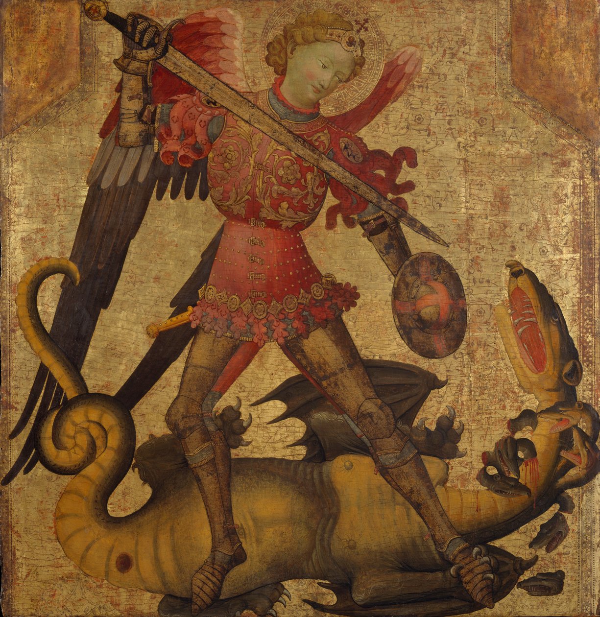 Szent Mihály és a sárkány, 1405 körül (tempera, fa, arany alapon) alkotó: Spanish School