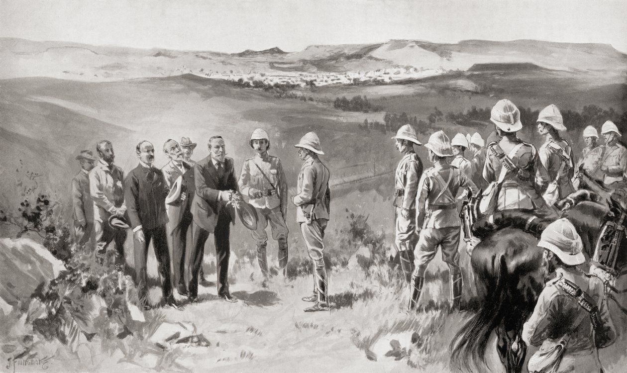 Bloefontein hivatalos átadása Lord Robertsnek Pappenfus úrtól, Kellner úr és Collins úr 1900. március 14-én, Louis Creswicke Dél-Afrika és a transzvaali háború című könyvéből, pub. 1900 alkotó: Unknown