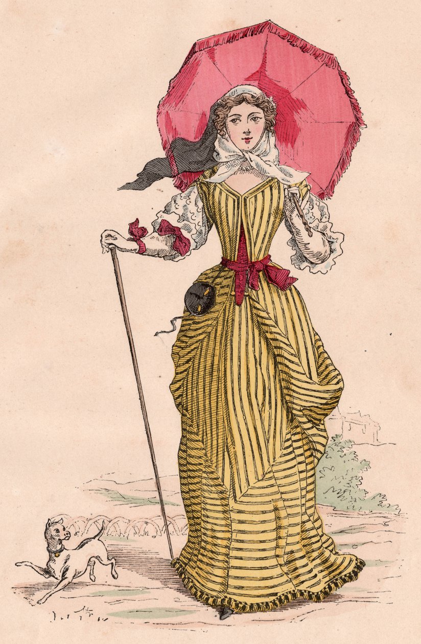 Fiatal francia nő XVII. századi elegáns ruhában (színes metszet) alkotó: Unknown