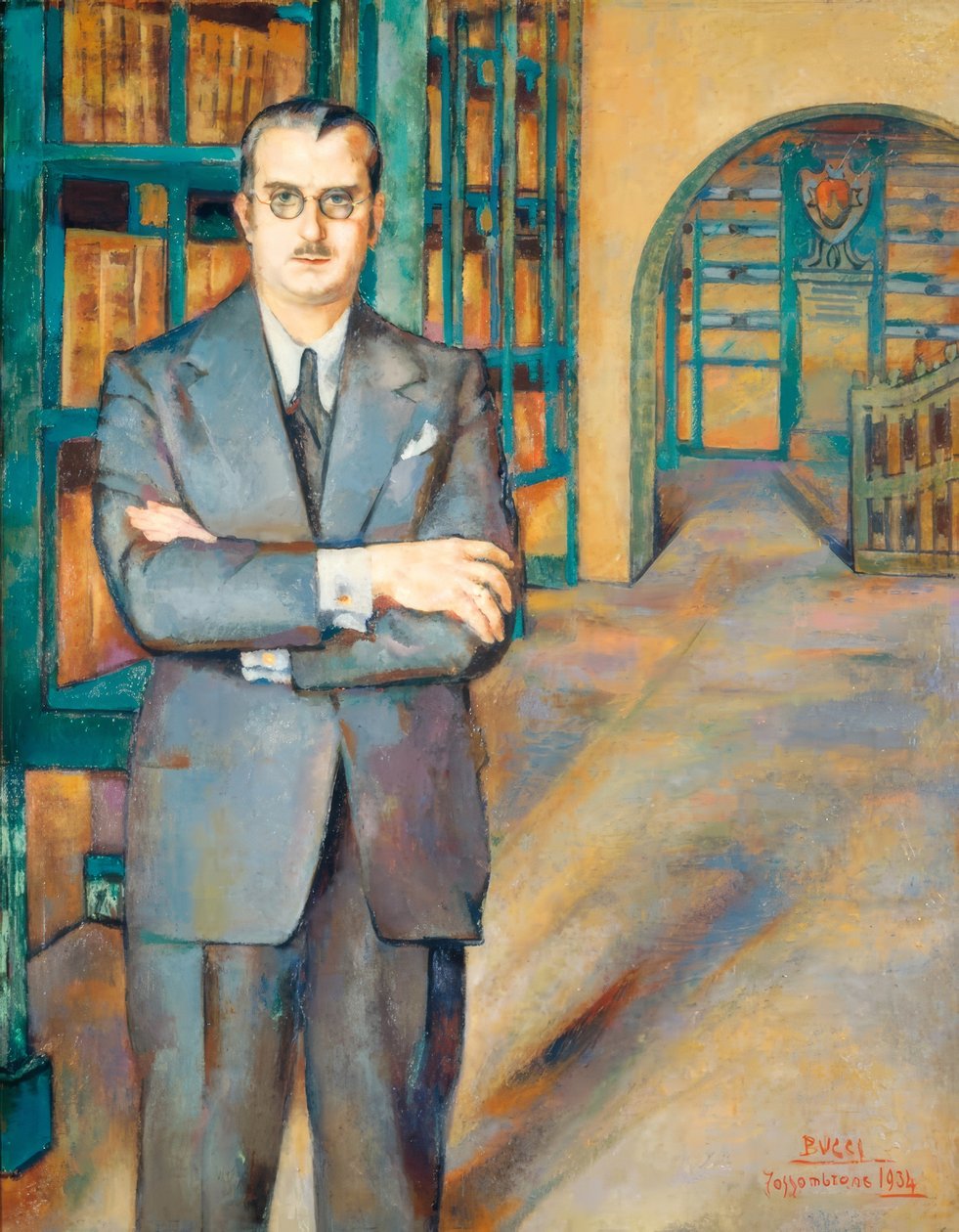 A közjegyző portréja öltönyben, nyakkendőben és szemüvegben, könyvespolcokkal teli könyvtárában. alkotó: Löscher and Petsch