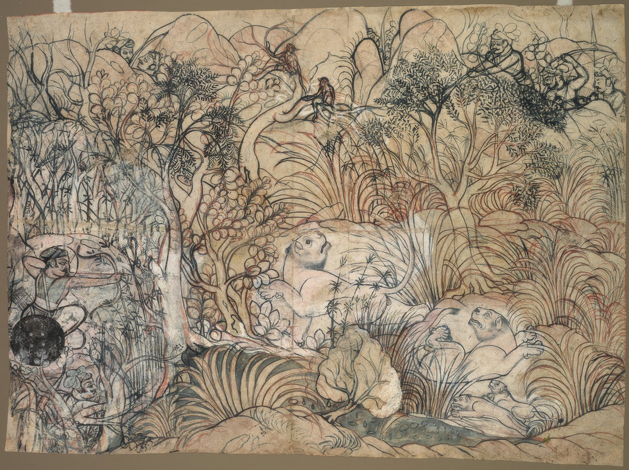Umed Singh of Kota Hunting Lions (Umed Singh Kota-ból oroszlánvadászat közben) alkotó: Löscher and Petsch